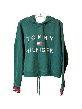 Tommy Hilfiger Sport Womens M Green Hoodie Cropped Drawstring Hem Spellout #Z-3
